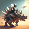 Astronaut riding robotic stegosaurus