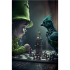 Green bird plays chess