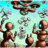Robots surrounded by drones