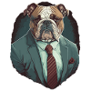 Bouledogue brun en costume gris