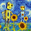 Robot che si tengono per mano in un campo di girasole