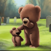 Sad teddy family in cemetery