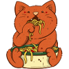 Red cat eats spaghetti