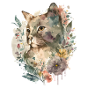 Cat Flowers Watercolor Drawing Art Colorful Floral
