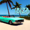 80s Ibiza beach car vintage palm trees
