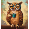 Eule mit Tasse trinkt Kaffee
