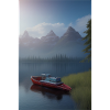 Landschaft mit See, Boot und Berge
