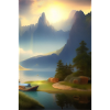 Landscape with lake, boat and mountains