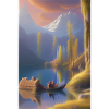 Landscape with lake, boat and mountains