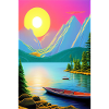 Landschaft mit See, Boot und Berge