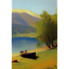 Landscape with lake, boat and mountains