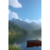 Landscape with lake, boat and mountains