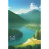 Landschaft mit See, Boot und Berge
