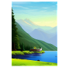 Landscape with lake, boat and mountains