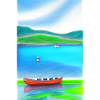 Landscape with lake, boat and mountains