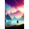 Landschaft mit See, Boot und Berge