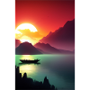 Landschaft mit See, Boot und Berge