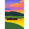 Landschaft mit See, Boot und Berge