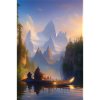 Landschaft mit See, Boot und Berge