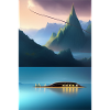 Landschaft mit See, Boot und Berge