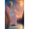 Landschaft mit See, Boot und Berge