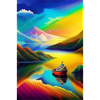 Landschaft mit See, Boot und Berge