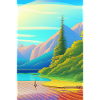 Landschaft mit See, Boot und Berge
