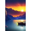 Landschaft mit See, Boot und Berge