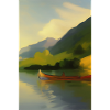 Landschaft mit See, Boot und Berge