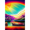 Landschaft mit See, Boot und Berge