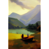 Landschaft mit See, Boot und Berge