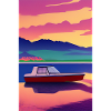Landschaft mit See, Boot und Berge