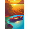 Landschaft mit See, Boot und Berge