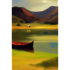 Landschaft mit See, Boot und Berge