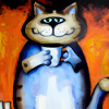 grinning cat with her coffee