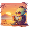 Alien drinking beer at sunset