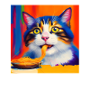 Cat eats spaghetti oil painting