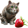 Chat devant une fraise géante