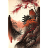 Chinese Landscape Red Black Ink Temple