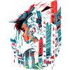 Surreal futuristic cyber comic city