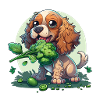 Cute dog eats broccoli vegetables