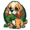 Cute dog eats broccoli vegetables