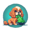 Cute dog eats broccoli vegetables
