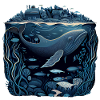 Whale swimming under a city
