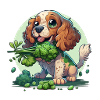 Cute dog eats broccoli vegetables