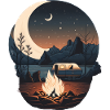 Camping by campfire and moonlight
