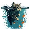 Chat nageur avec poisson rouge