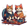Comic cats eat sushi together