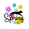 Frühlingsdesign - springender Hund und Blumen