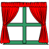 Red curtains green window frame